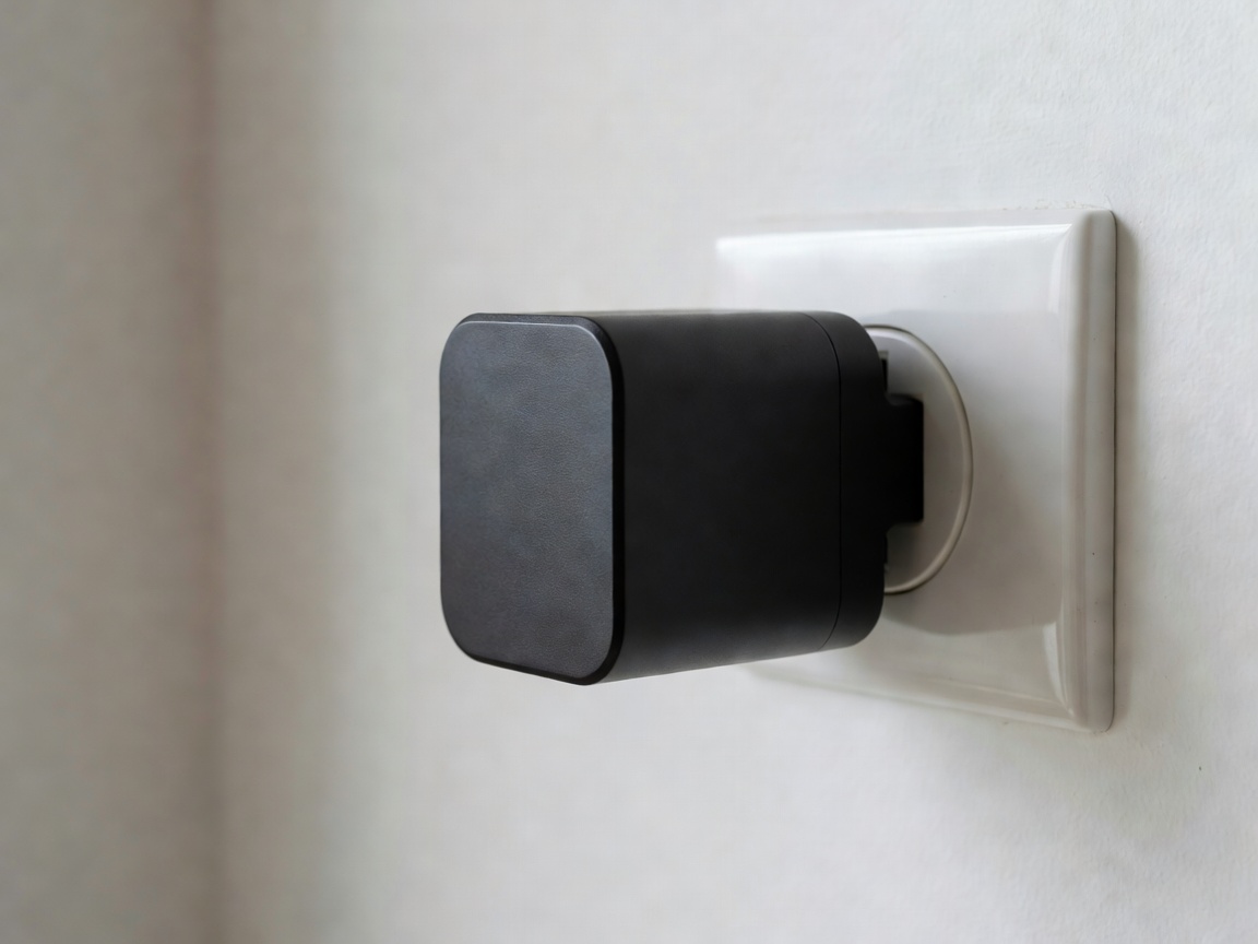 A universal travel adapter plugged into a wall