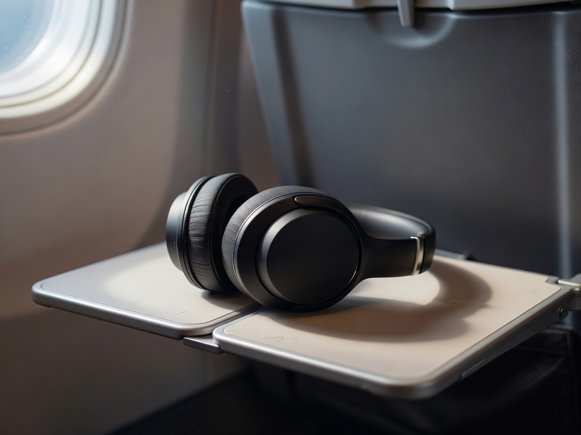 Headphones resting on an airplane tray table
