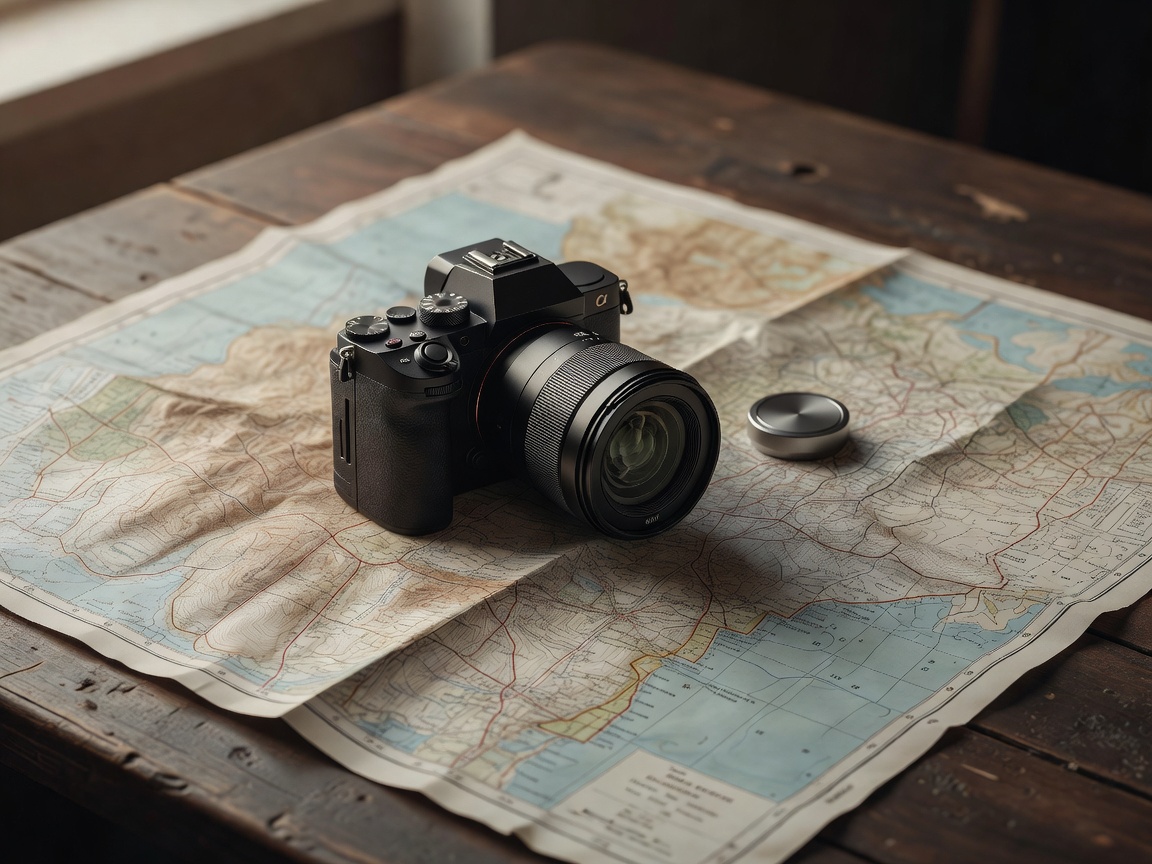 Mirrorless camera and lens on a map