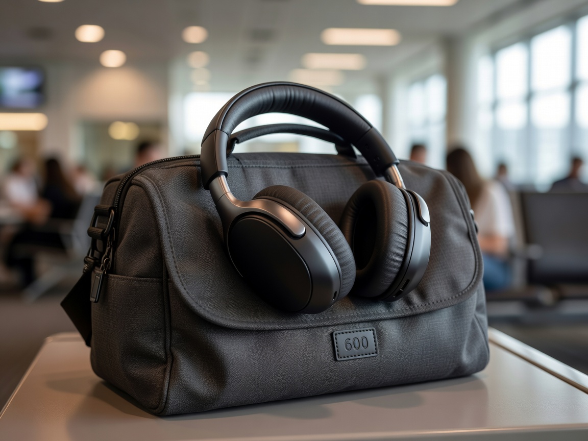Over-ear noise-cancelling headphones resting on a travel bag