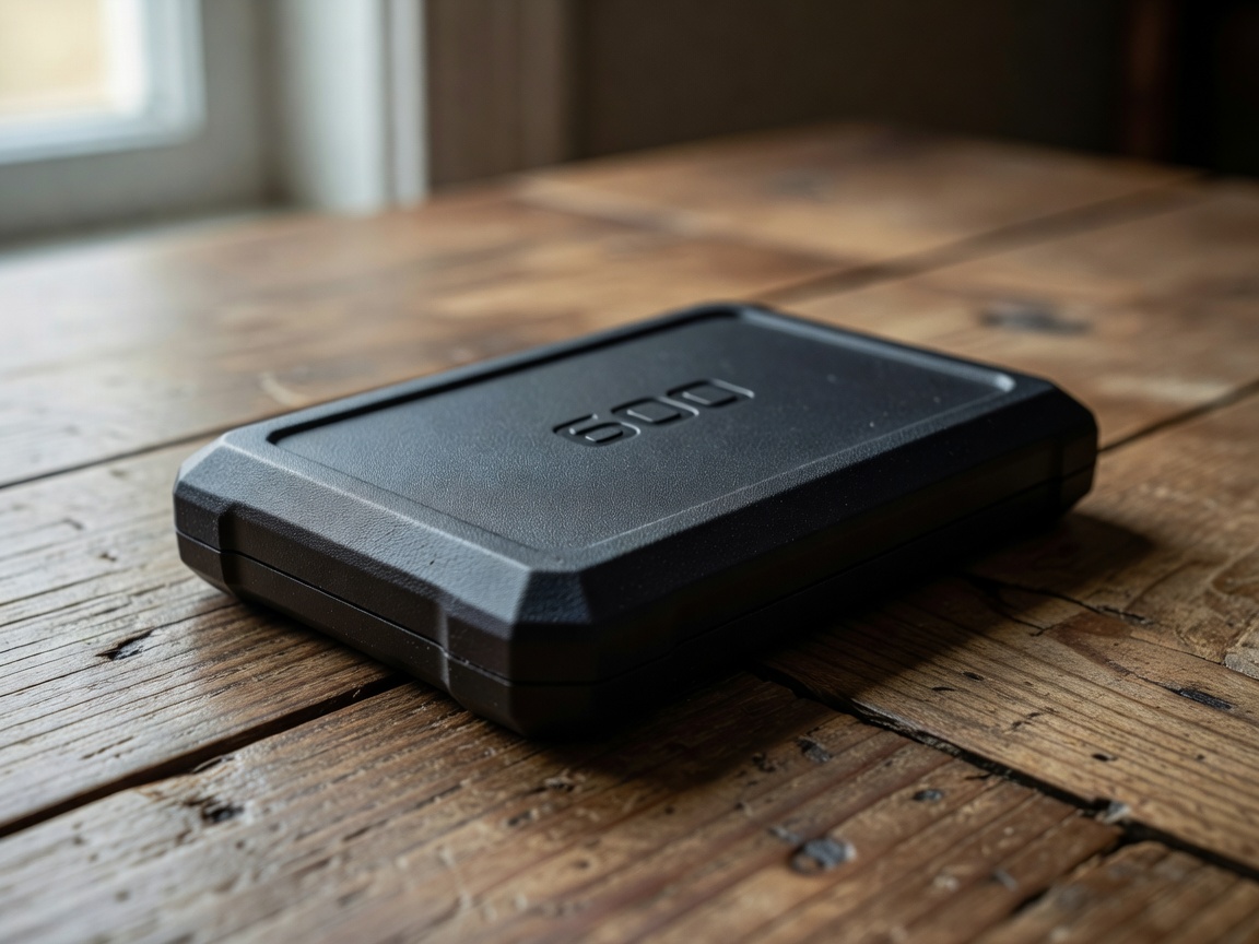 Rugged external SSD drive sitting on a wooden table