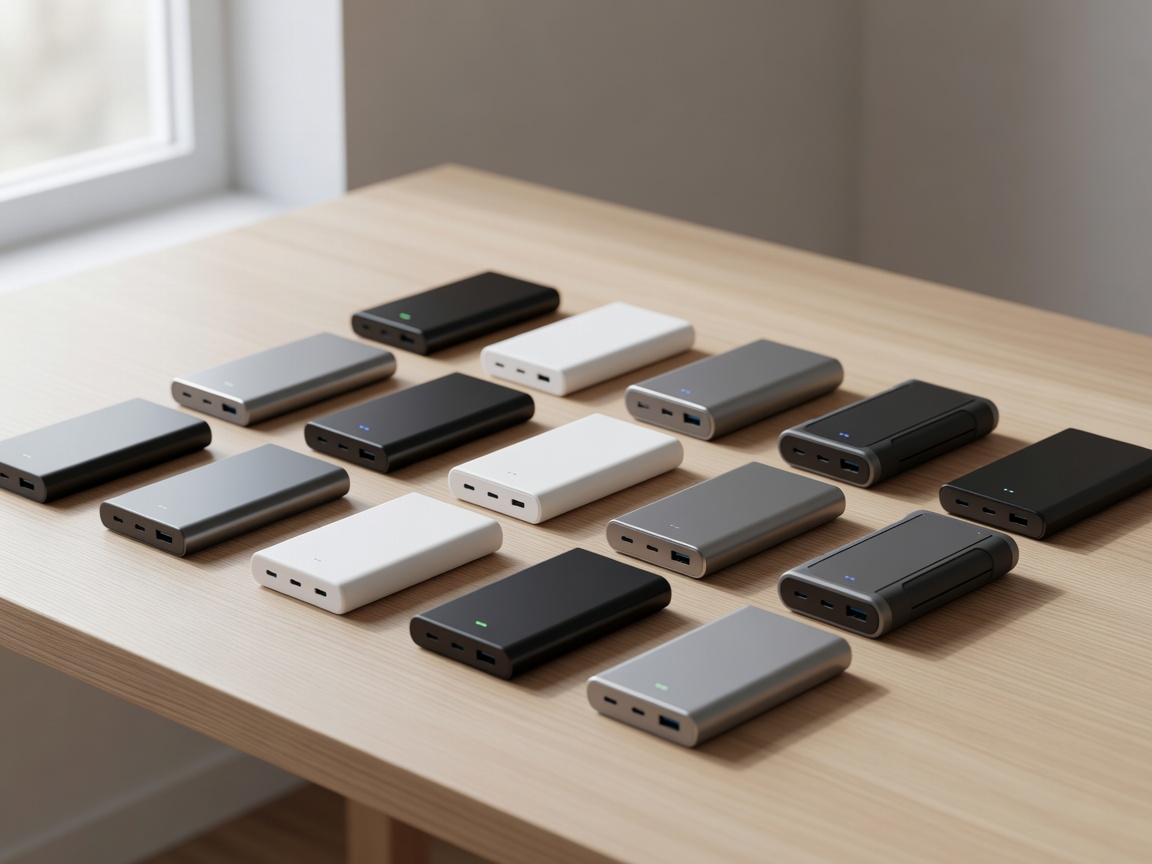Various modern power banks arranged on a desk